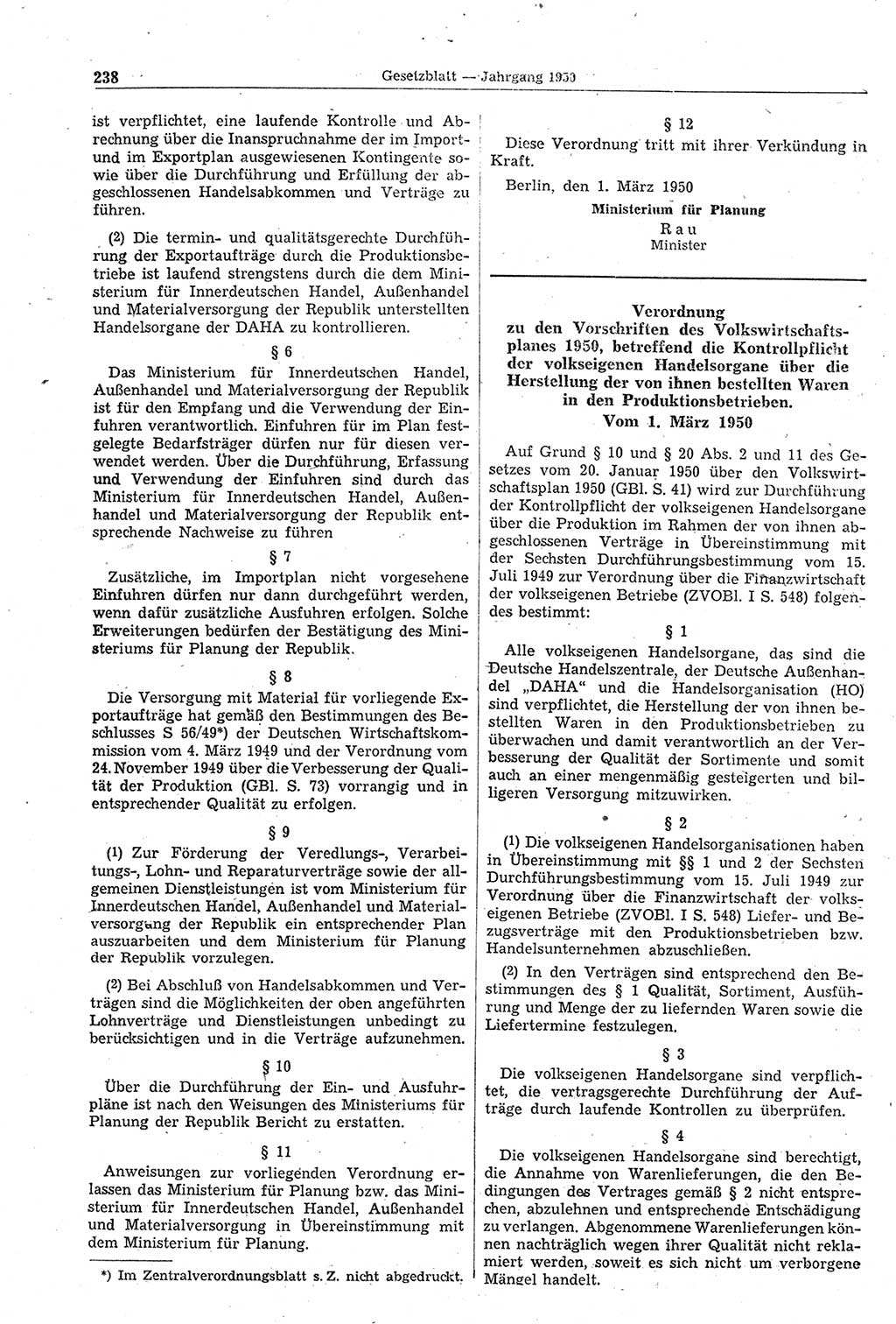 Gesetzblatt (GBl.) der Deutschen Demokratischen Republik (DDR) 1950, Seite 238 (GBl. DDR 1950, S. 238)