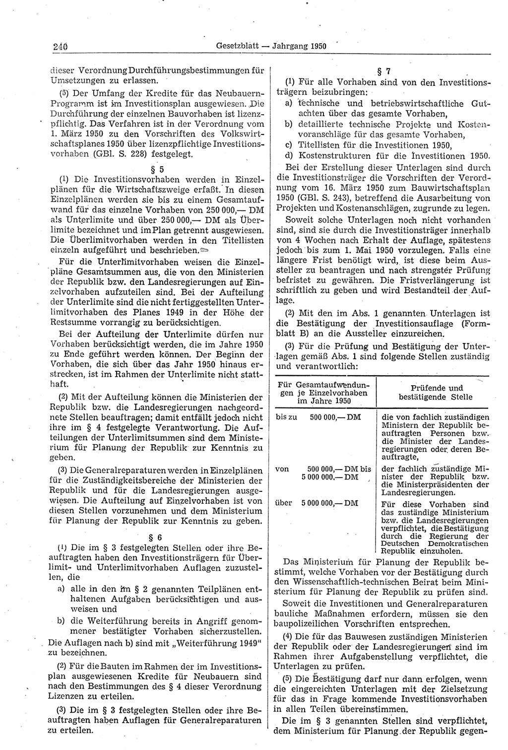 Gesetzblatt (GBl.) der Deutschen Demokratischen Republik (DDR) 1950, Seite 240 (GBl. DDR 1950, S. 240)