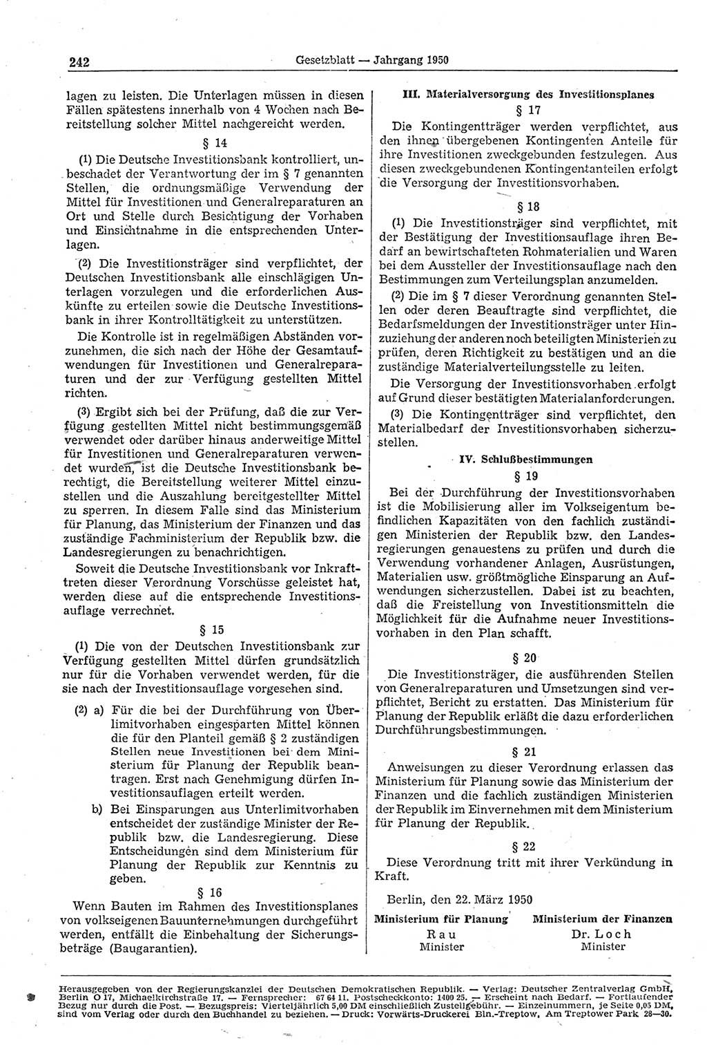 Gesetzblatt (GBl.) der Deutschen Demokratischen Republik (DDR) 1950, Seite 242 (GBl. DDR 1950, S. 242)