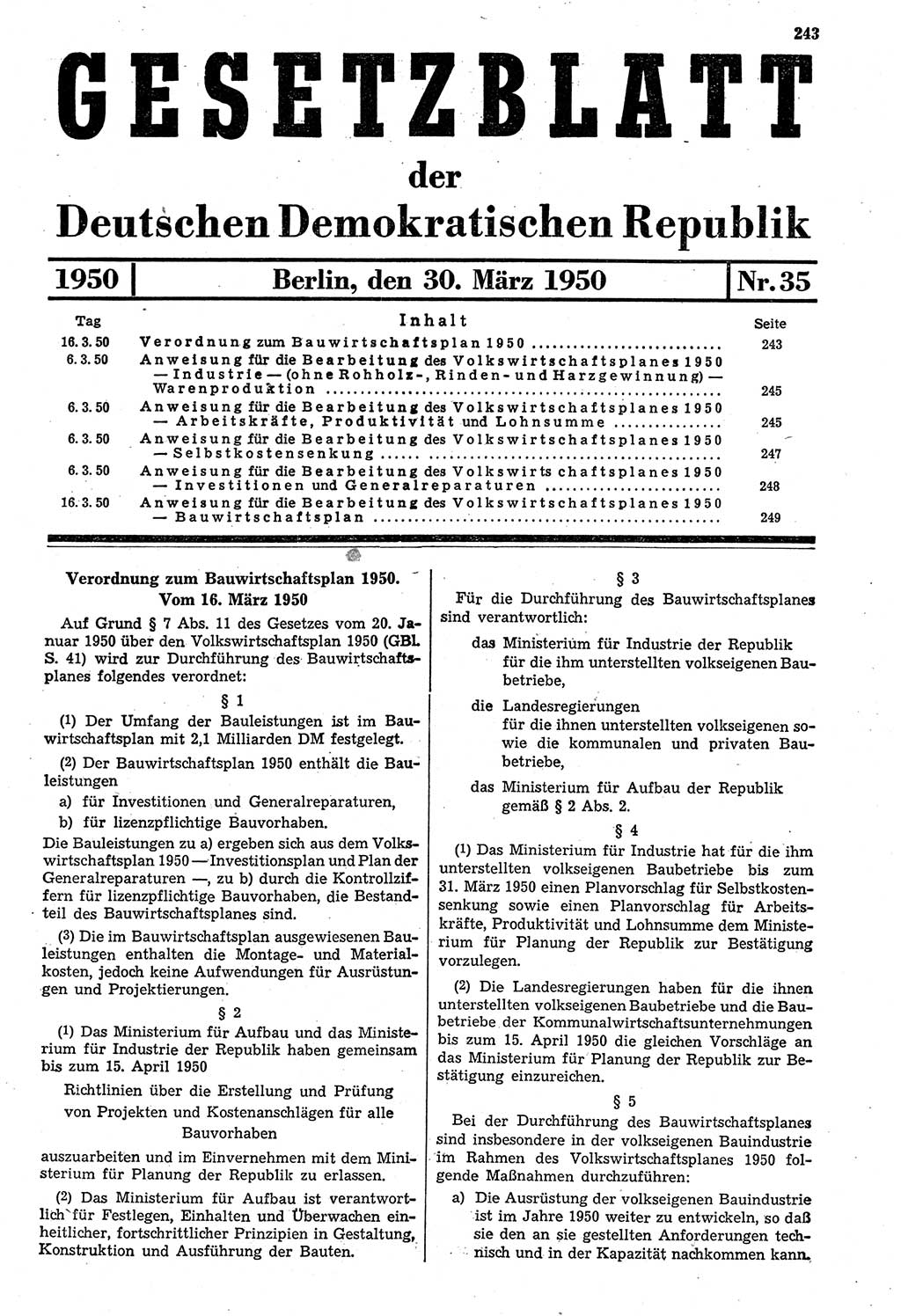 Gesetzblatt (GBl.) der Deutschen Demokratischen Republik (DDR) 1950, Seite 243 (GBl. DDR 1950, S. 243)