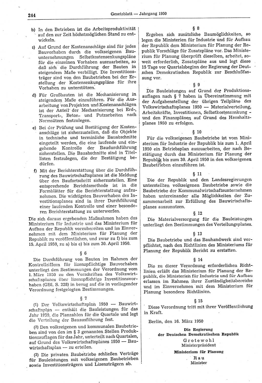 Gesetzblatt (GBl.) der Deutschen Demokratischen Republik (DDR) 1950, Seite 244 (GBl. DDR 1950, S. 244)