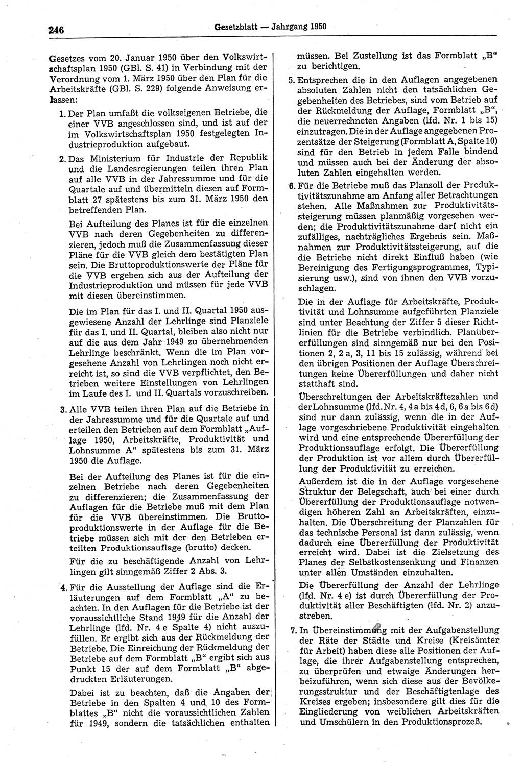 Gesetzblatt (GBl.) der Deutschen Demokratischen Republik (DDR) 1950, Seite 246 (GBl. DDR 1950, S. 246)