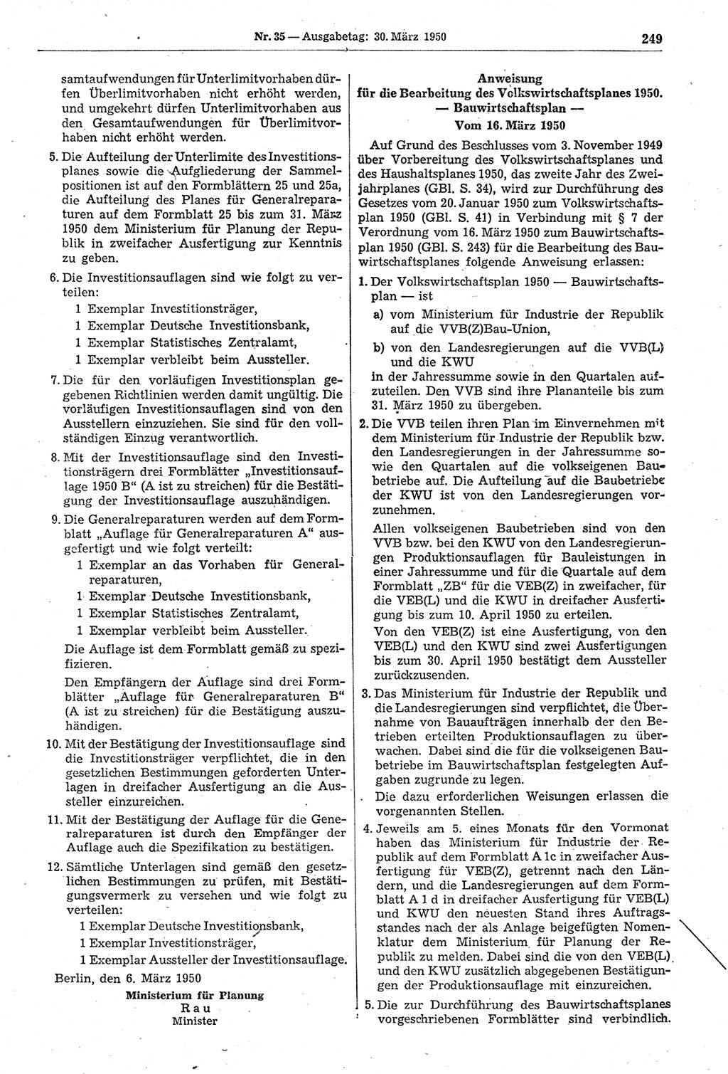 Gesetzblatt (GBl.) der Deutschen Demokratischen Republik (DDR) 1950, Seite 249 (GBl. DDR 1950, S. 249)
