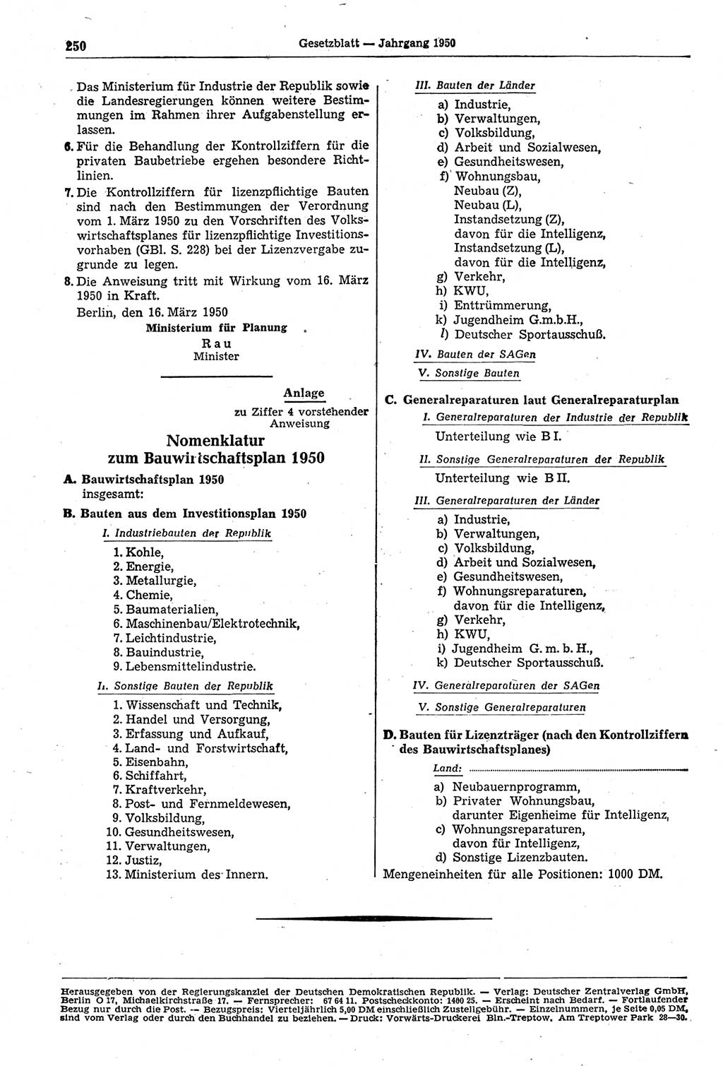 Gesetzblatt (GBl.) der Deutschen Demokratischen Republik (DDR) 1950, Seite 250 (GBl. DDR 1950, S. 250)