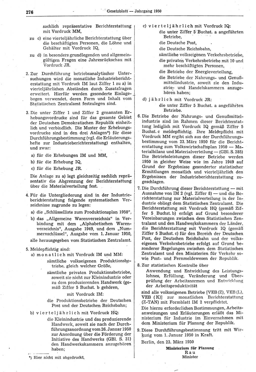 Gesetzblatt (GBl.) der Deutschen Demokratischen Republik (DDR) 1950, Seite 276 (GBl. DDR 1950, S. 276)