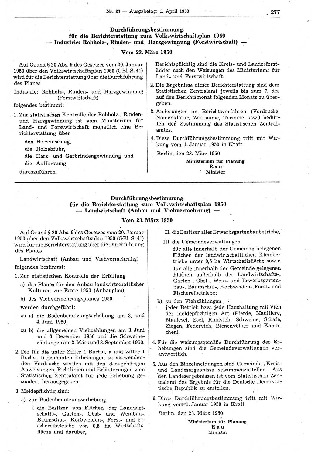 Gesetzblatt (GBl.) der Deutschen Demokratischen Republik (DDR) 1950, Seite 277 (GBl. DDR 1950, S. 277)