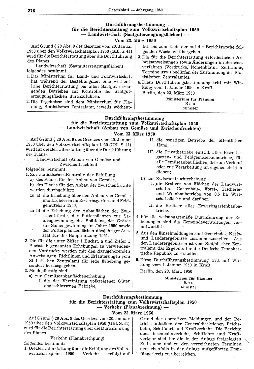 Gesetzblatt (GBl.) der Deutschen Demokratischen Republik (DDR) 1950, Seite 278 (GBl. DDR 1950, S. 278)