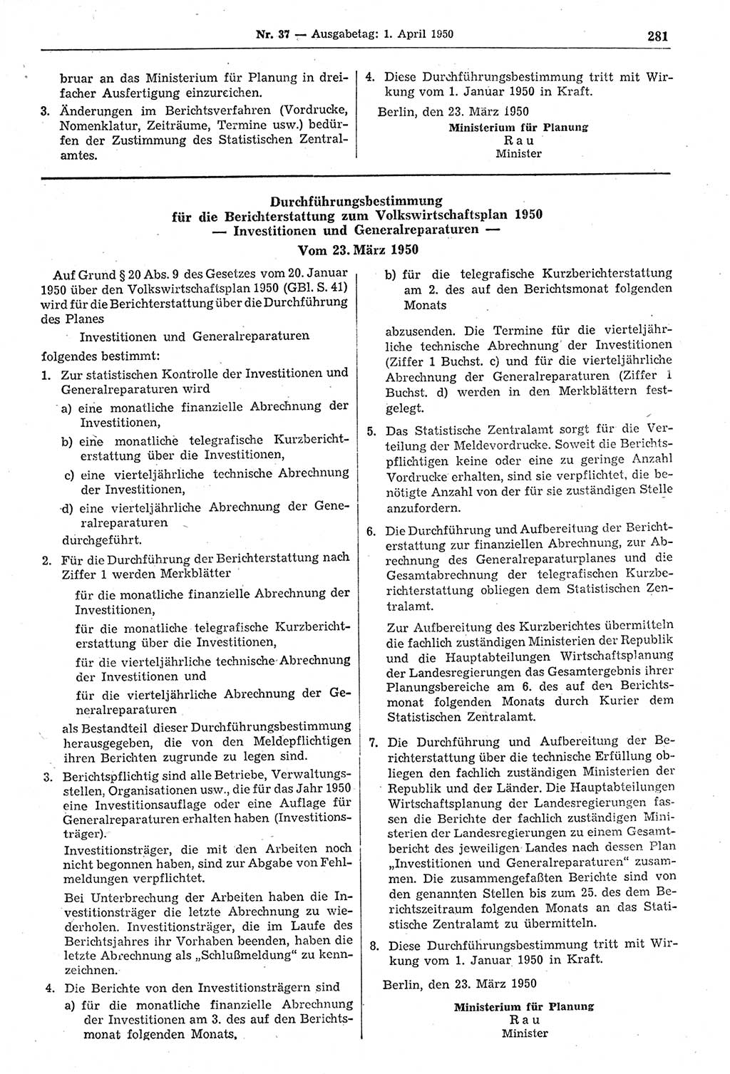 Gesetzblatt (GBl.) der Deutschen Demokratischen Republik (DDR) 1950, Seite 281 (GBl. DDR 1950, S. 281)
