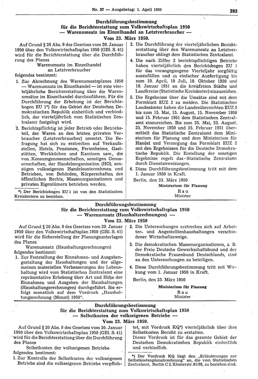 Gesetzblatt (GBl.) der Deutschen Demokratischen Republik (DDR) 1950, Seite 283 (GBl. DDR 1950, S. 283)