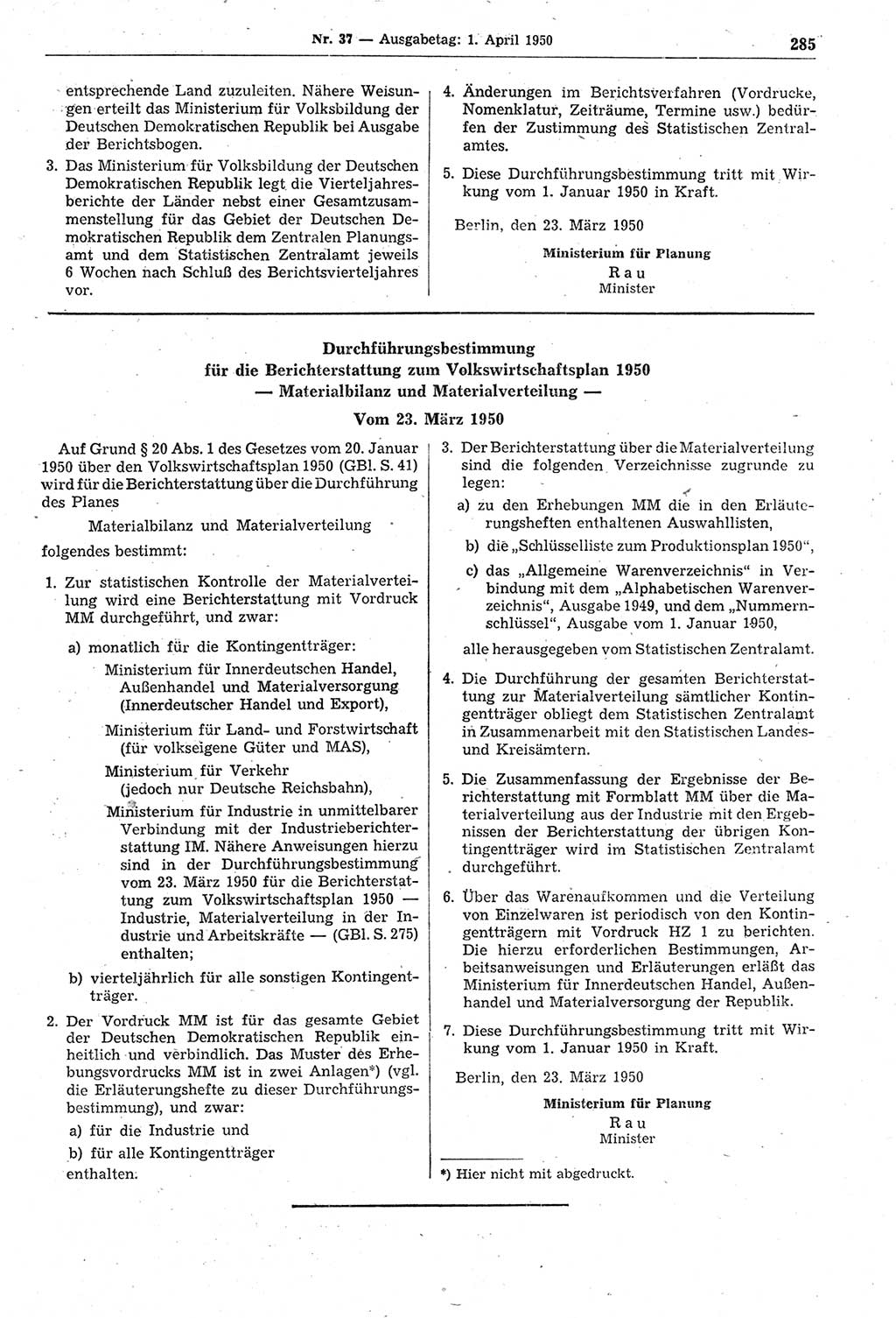 Gesetzblatt (GBl.) der Deutschen Demokratischen Republik (DDR) 1950, Seite 285 (GBl. DDR 1950, S. 285)