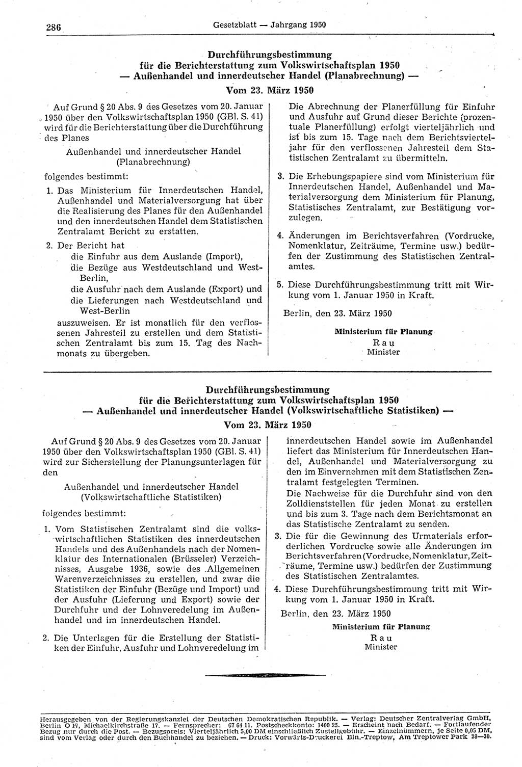 Gesetzblatt (GBl.) der Deutschen Demokratischen Republik (DDR) 1950, Seite 286 (GBl. DDR 1950, S. 286)