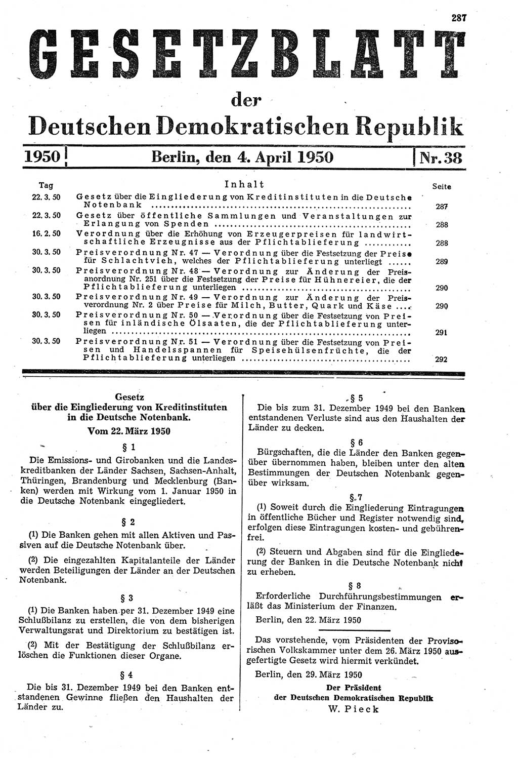 Gesetzblatt (GBl.) der Deutschen Demokratischen Republik (DDR) 1950, Seite 287 (GBl. DDR 1950, S. 287)