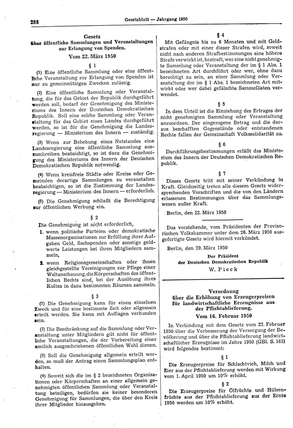 Gesetzblatt (GBl.) der Deutschen Demokratischen Republik (DDR) 1950, Seite 288 (GBl. DDR 1950, S. 288)