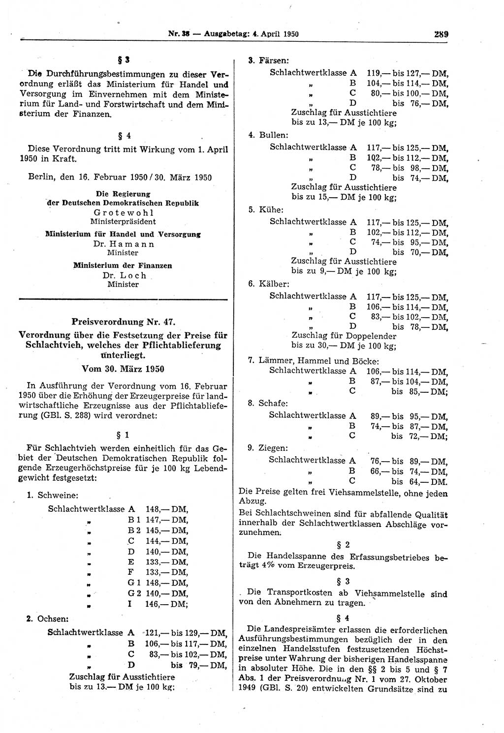 Gesetzblatt (GBl.) der Deutschen Demokratischen Republik (DDR) 1950, Seite 289 (GBl. DDR 1950, S. 289)