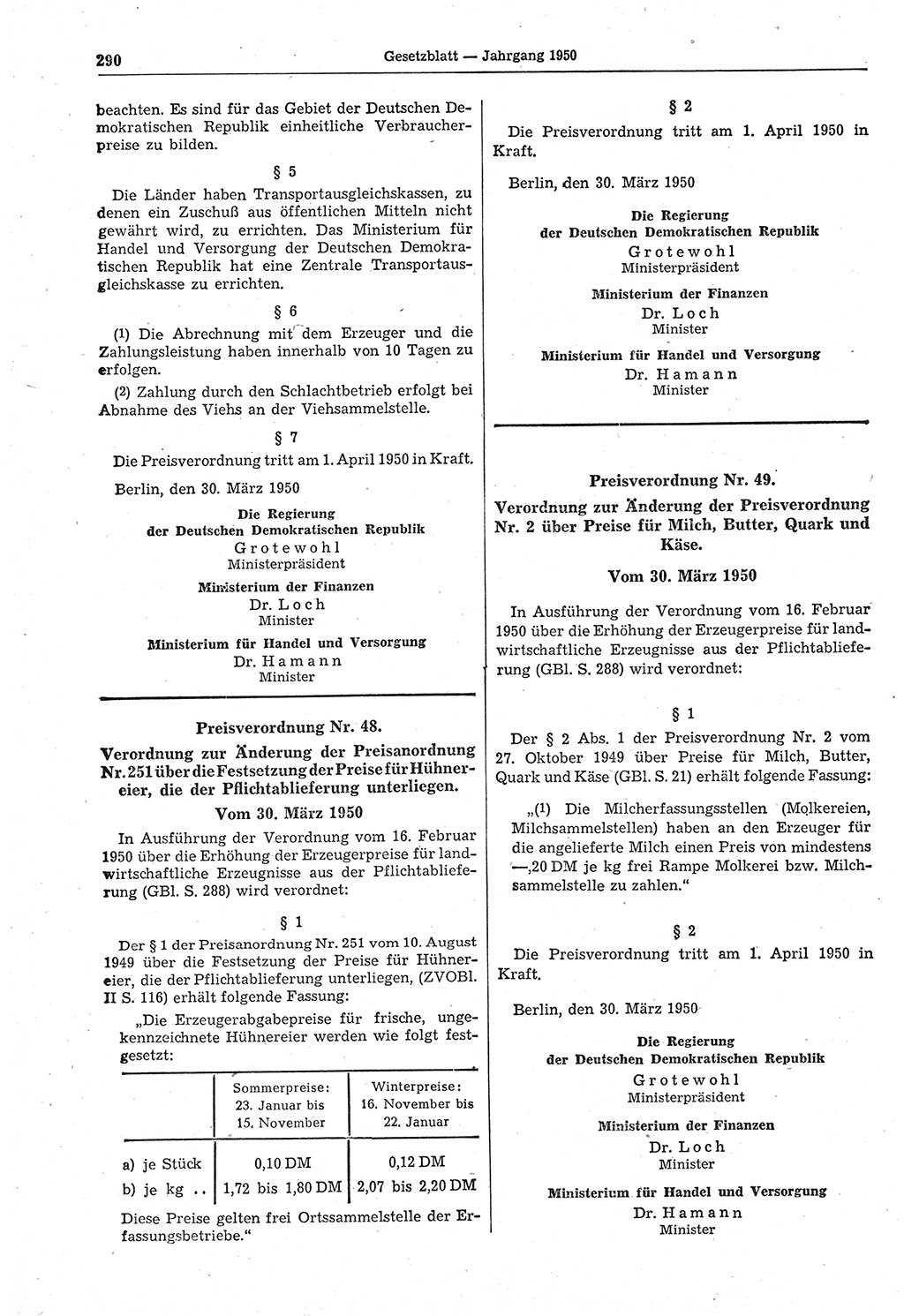 Gesetzblatt (GBl.) der Deutschen Demokratischen Republik (DDR) 1950, Seite 290 (GBl. DDR 1950, S. 290)