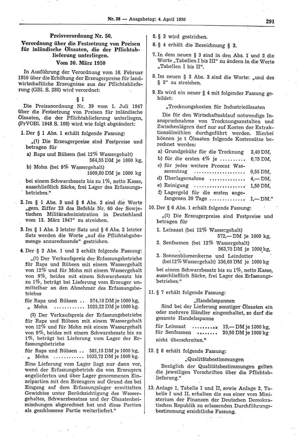Gesetzblatt (GBl.) der Deutschen Demokratischen Republik (DDR) 1950, Seite 291 (GBl. DDR 1950, S. 291)