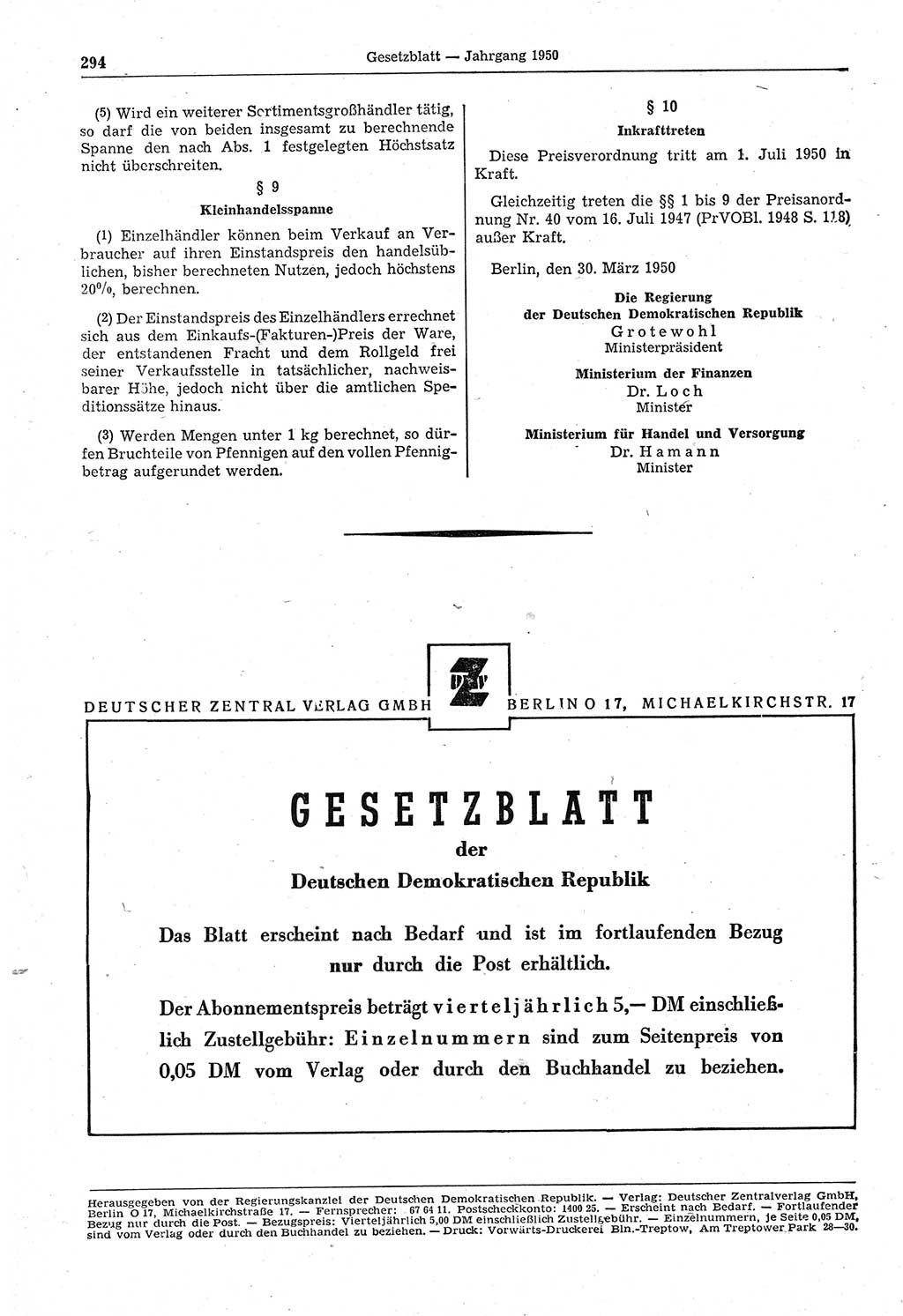 Gesetzblatt (GBl.) der Deutschen Demokratischen Republik (DDR) 1950, Seite 294 (GBl. DDR 1950, S. 294)