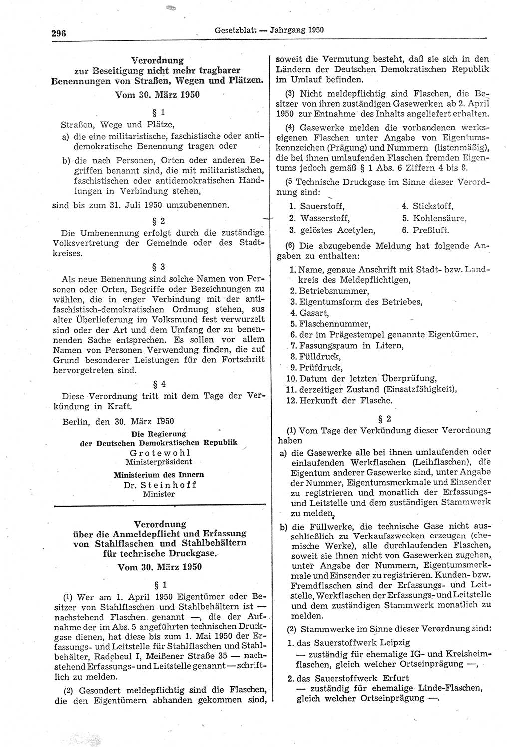 Gesetzblatt (GBl.) der Deutschen Demokratischen Republik (DDR) 1950, Seite 296 (GBl. DDR 1950, S. 296)