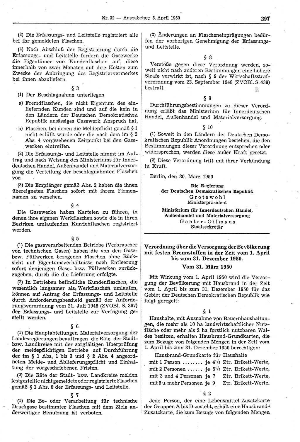 Gesetzblatt (GBl.) der Deutschen Demokratischen Republik (DDR) 1950, Seite 297 (GBl. DDR 1950, S. 297)