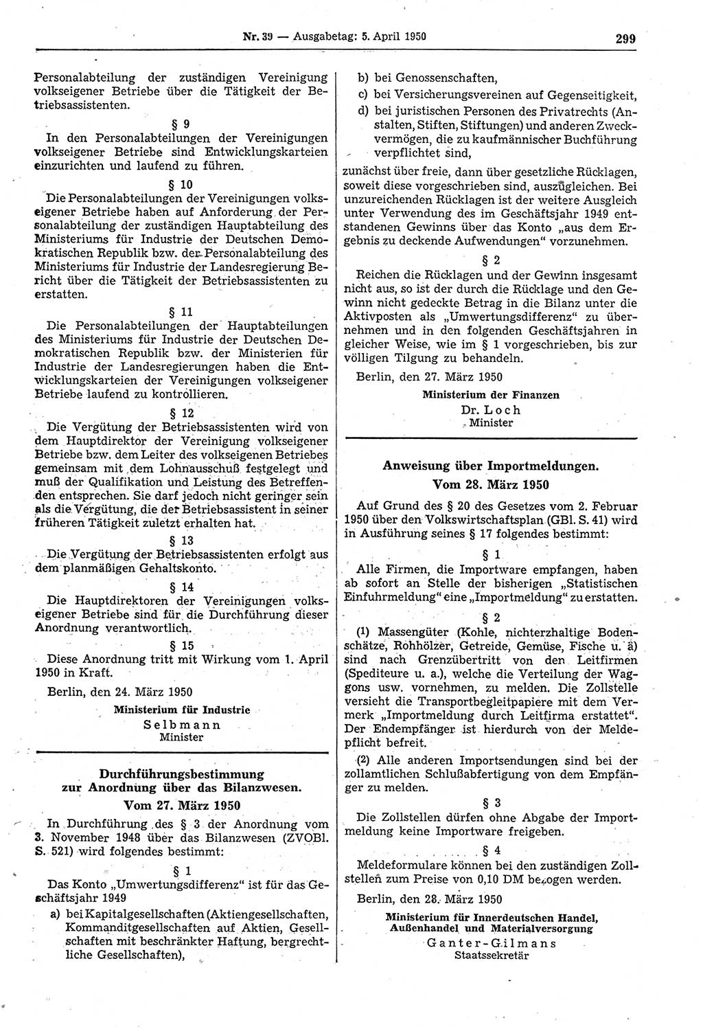 Gesetzblatt (GBl.) der Deutschen Demokratischen Republik (DDR) 1950, Seite 299 (GBl. DDR 1950, S. 299)