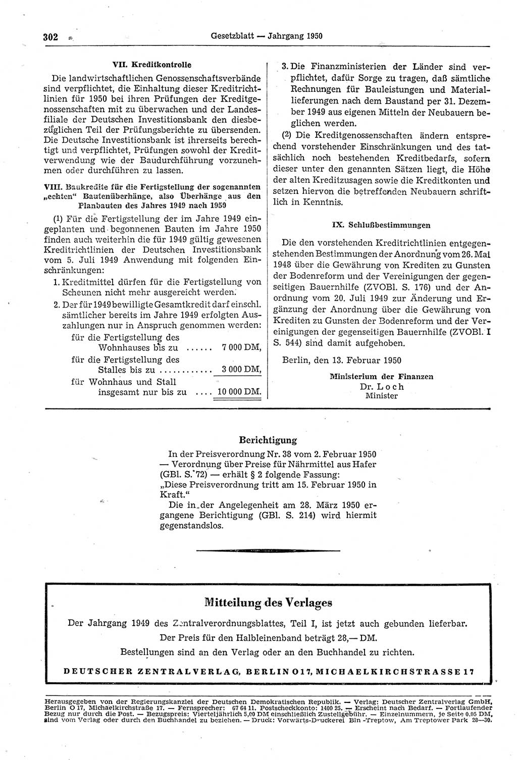 Gesetzblatt (GBl.) der Deutschen Demokratischen Republik (DDR) 1950, Seite 302 (GBl. DDR 1950, S. 302)