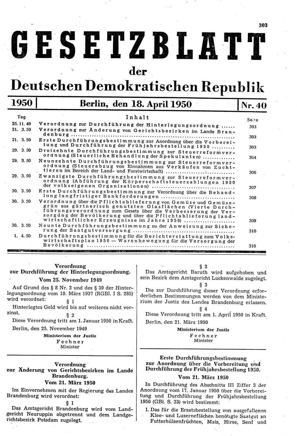 Gesetzblatt (GBl.) der Deutschen Demokratischen Republik (DDR) 1950, Seite 303 (GBl. DDR 1950, S. 303)