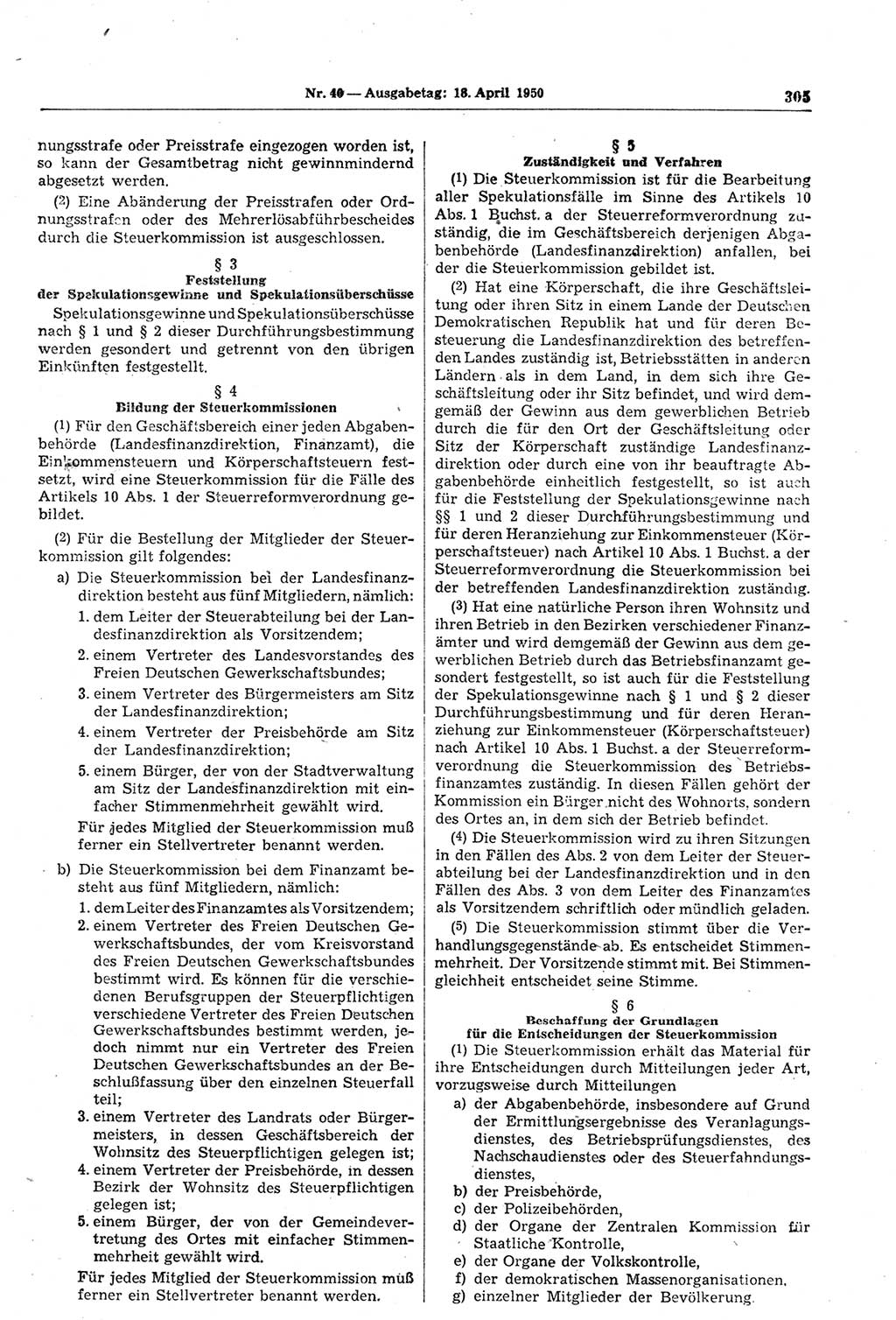 Gesetzblatt (GBl.) der Deutschen Demokratischen Republik (DDR) 1950, Seite 305 (GBl. DDR 1950, S. 305)