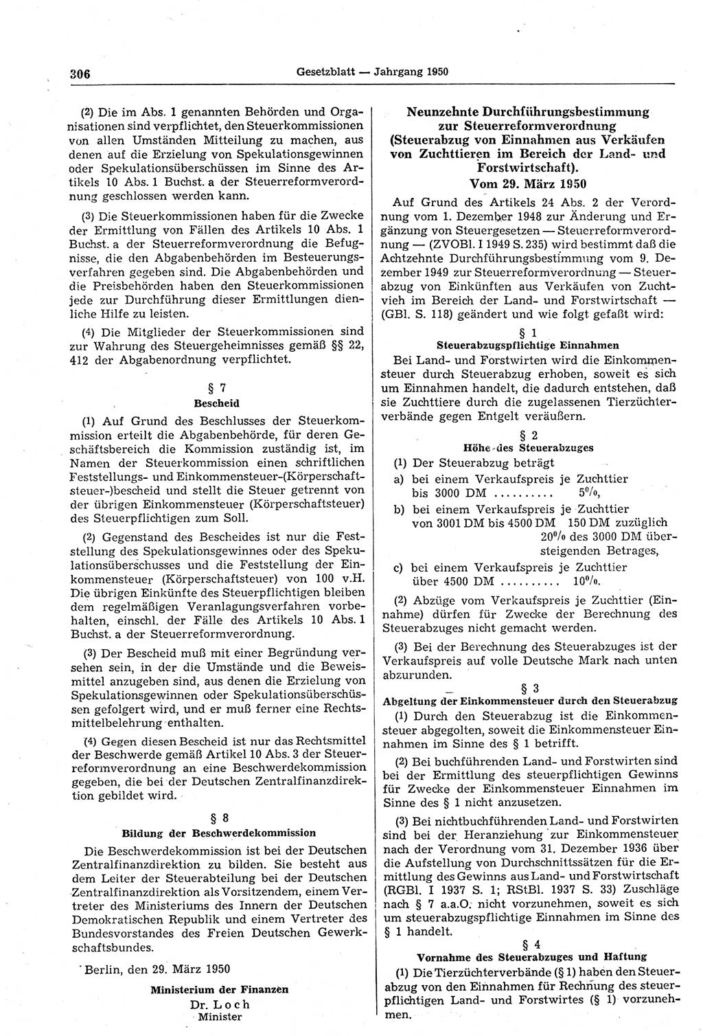 Gesetzblatt (GBl.) der Deutschen Demokratischen Republik (DDR) 1950, Seite 306 (GBl. DDR 1950, S. 306)
