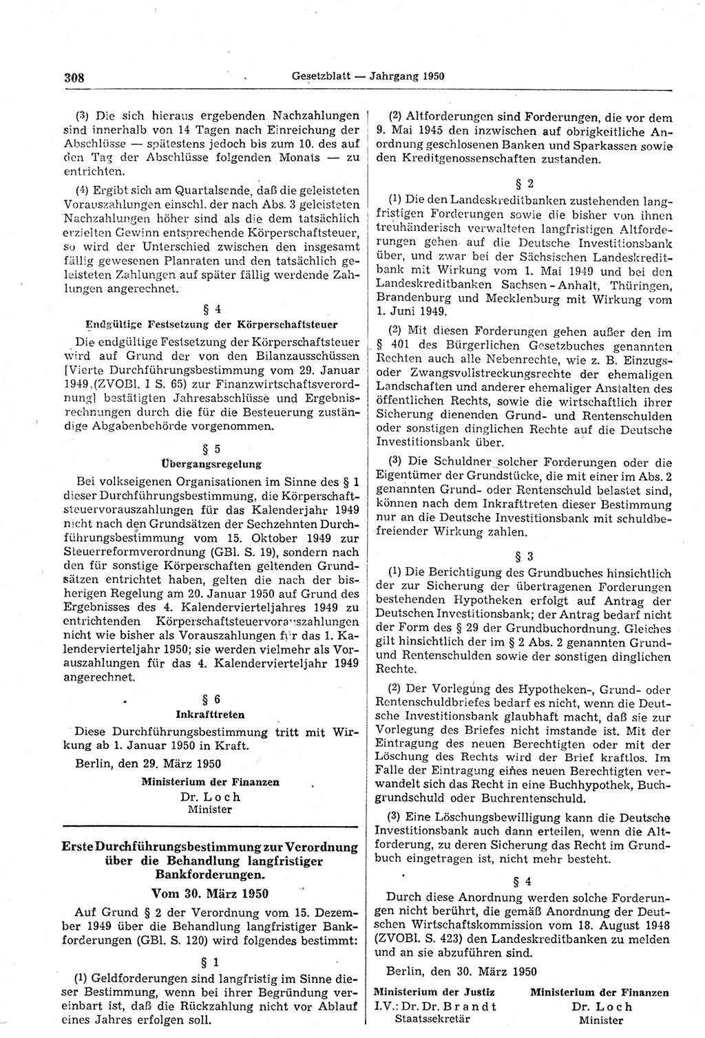 Gesetzblatt (GBl.) der Deutschen Demokratischen Republik (DDR) 1950, Seite 308 (GBl. DDR 1950, S. 308)