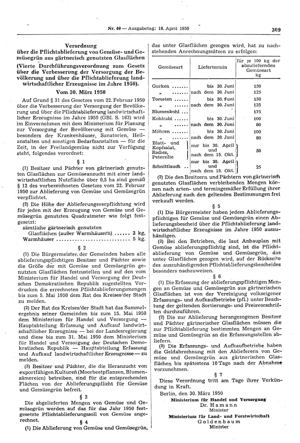 Gesetzblatt (GBl.) der Deutschen Demokratischen Republik (DDR) 1950, Seite 309 (GBl. DDR 1950, S. 309)