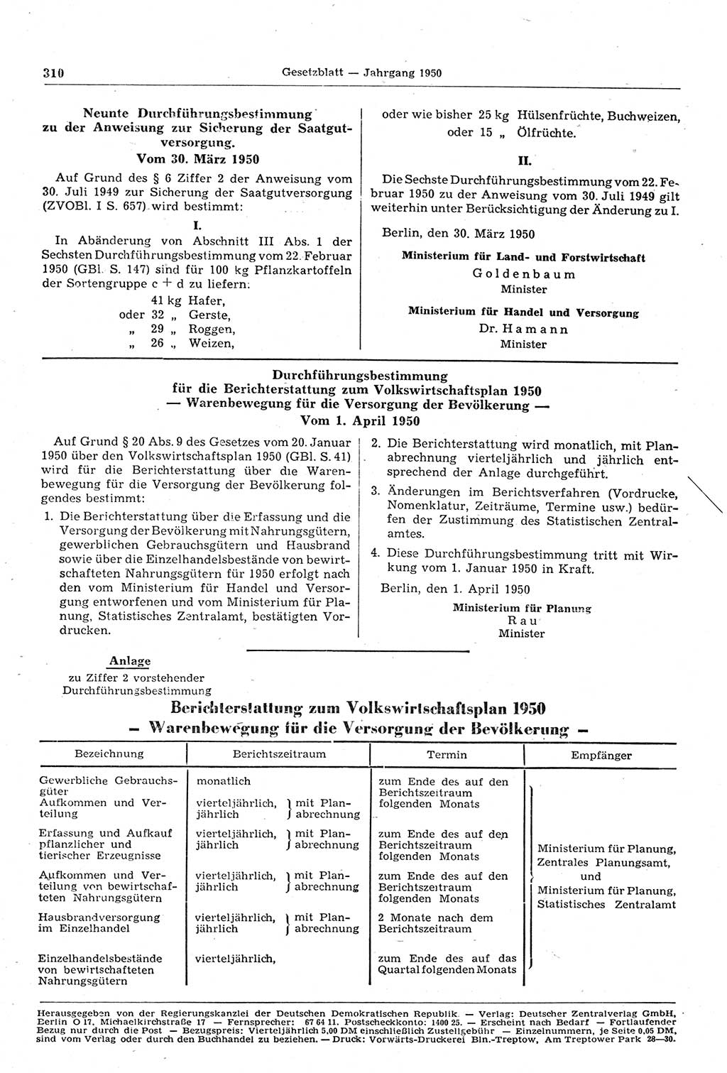 Gesetzblatt (GBl.) der Deutschen Demokratischen Republik (DDR) 1950, Seite 310 (GBl. DDR 1950, S. 310)
