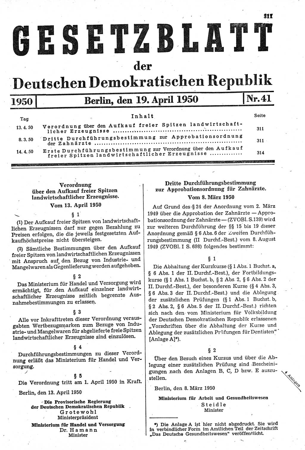 Gesetzblatt (GBl.) der Deutschen Demokratischen Republik (DDR) 1950, Seite 311 (GBl. DDR 1950, S. 311)