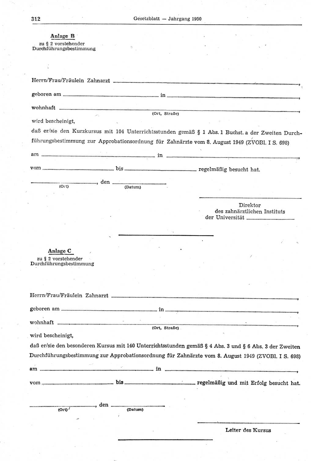 Gesetzblatt (GBl.) der Deutschen Demokratischen Republik (DDR) 1950, Seite 312 (GBl. DDR 1950, S. 312)
