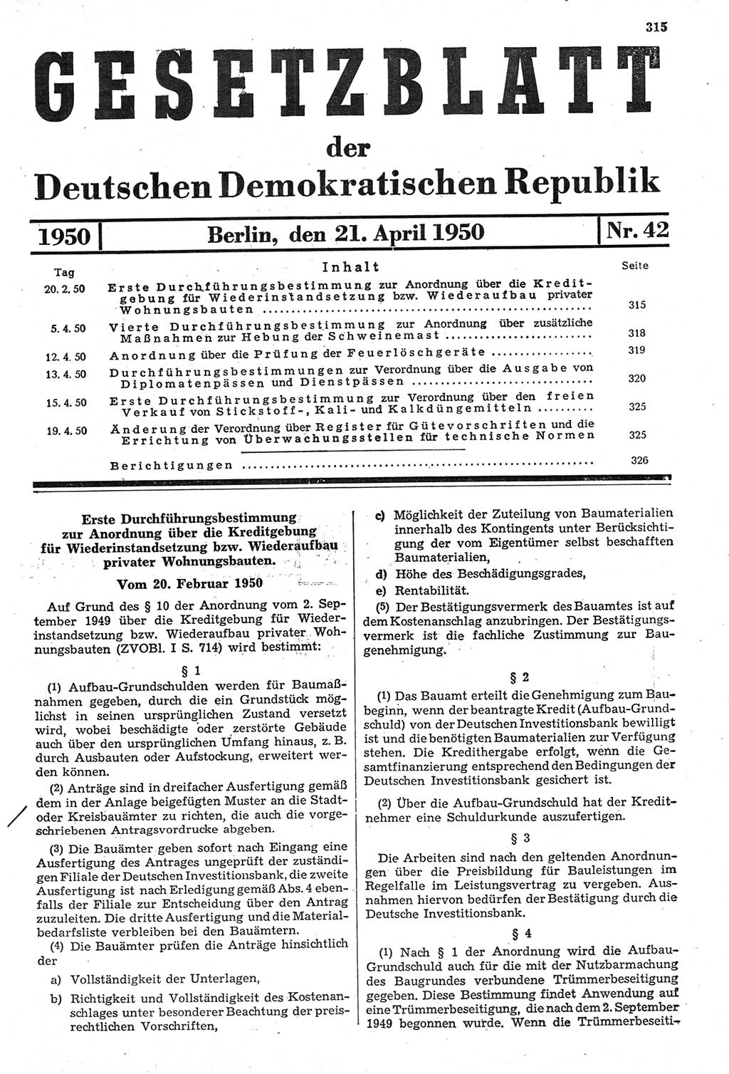 Gesetzblatt (GBl.) der Deutschen Demokratischen Republik (DDR) 1950, Seite 315 (GBl. DDR 1950, S. 315)