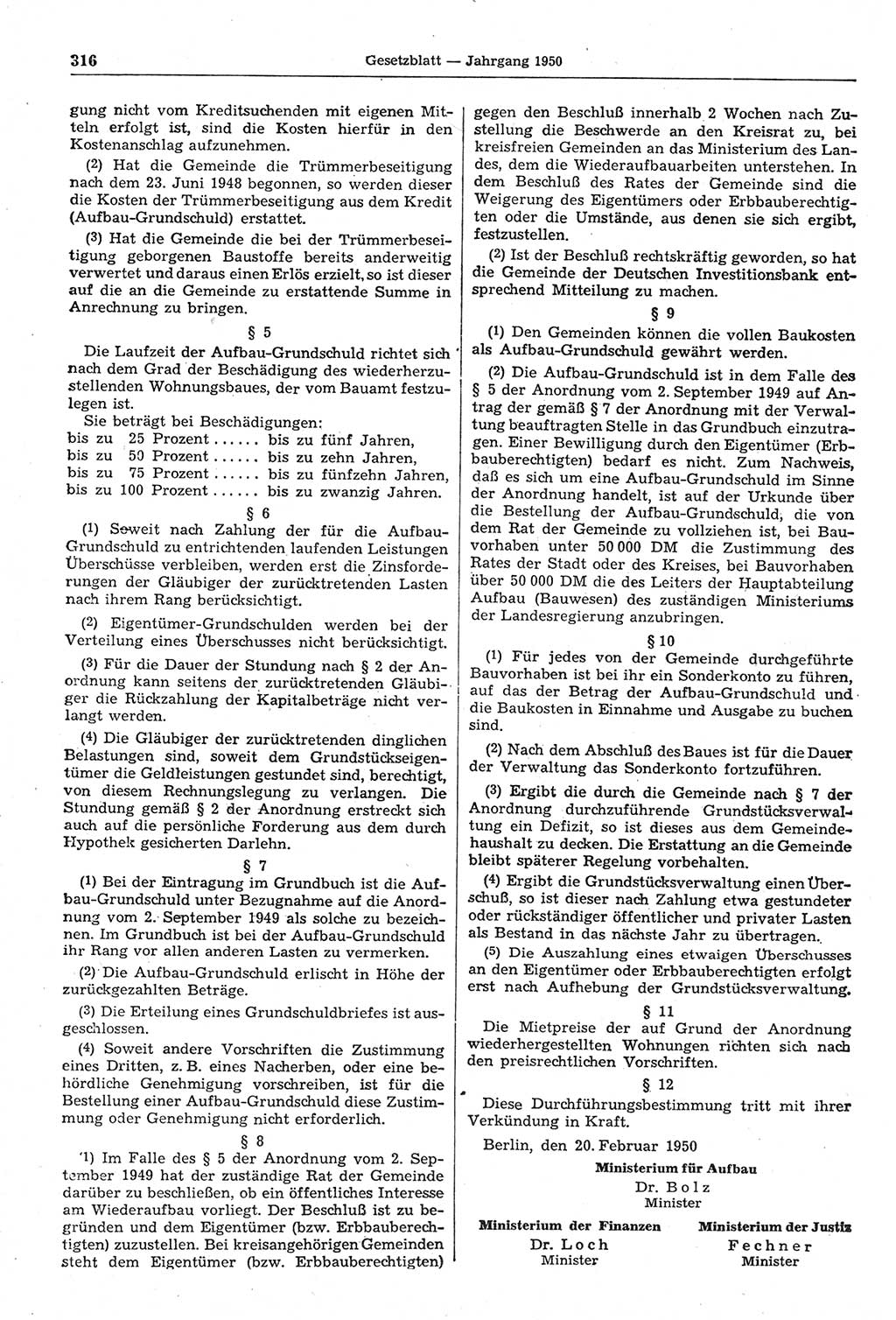 Gesetzblatt (GBl.) der Deutschen Demokratischen Republik (DDR) 1950, Seite 316 (GBl. DDR 1950, S. 316)
