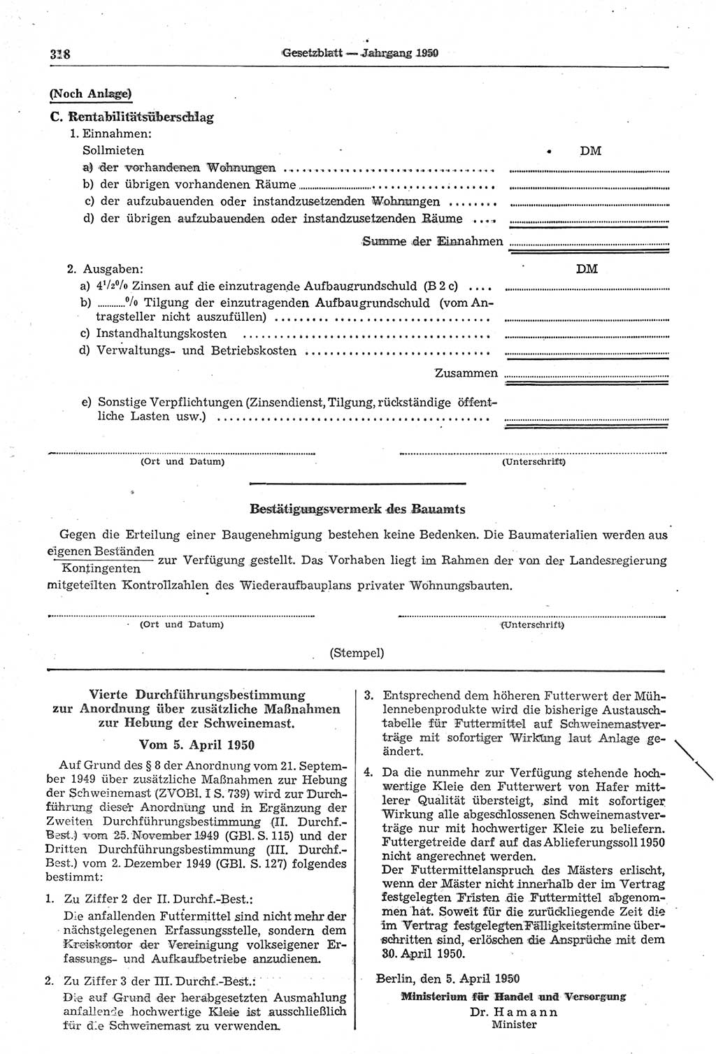 Gesetzblatt (GBl.) der Deutschen Demokratischen Republik (DDR) 1950, Seite 318 (GBl. DDR 1950, S. 318)