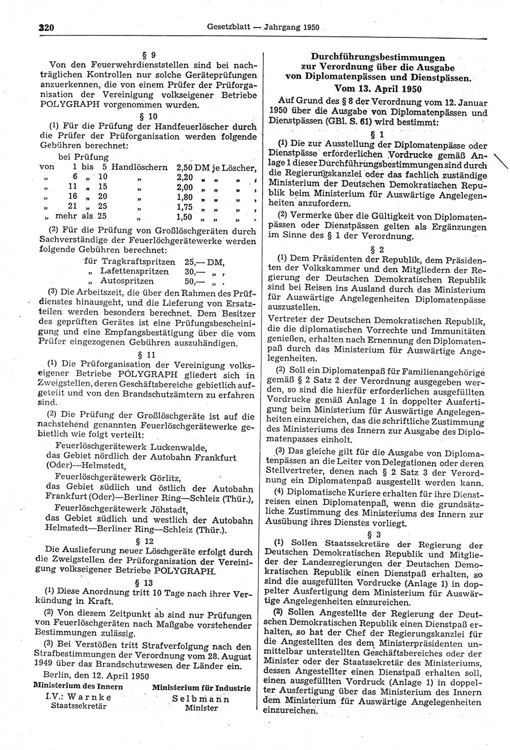 Gesetzblatt (GBl.) der Deutschen Demokratischen Republik (DDR) 1950, Seite 320 (GBl. DDR 1950, S. 320)