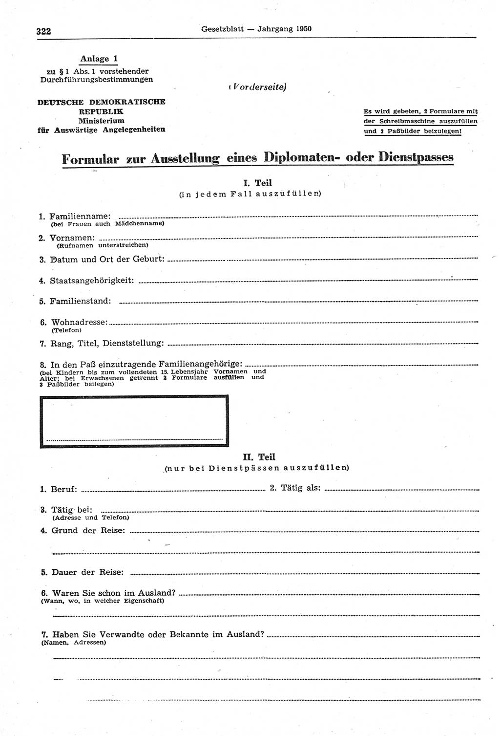 Gesetzblatt (GBl.) der Deutschen Demokratischen Republik (DDR) 1950, Seite 322 (GBl. DDR 1950, S. 322)