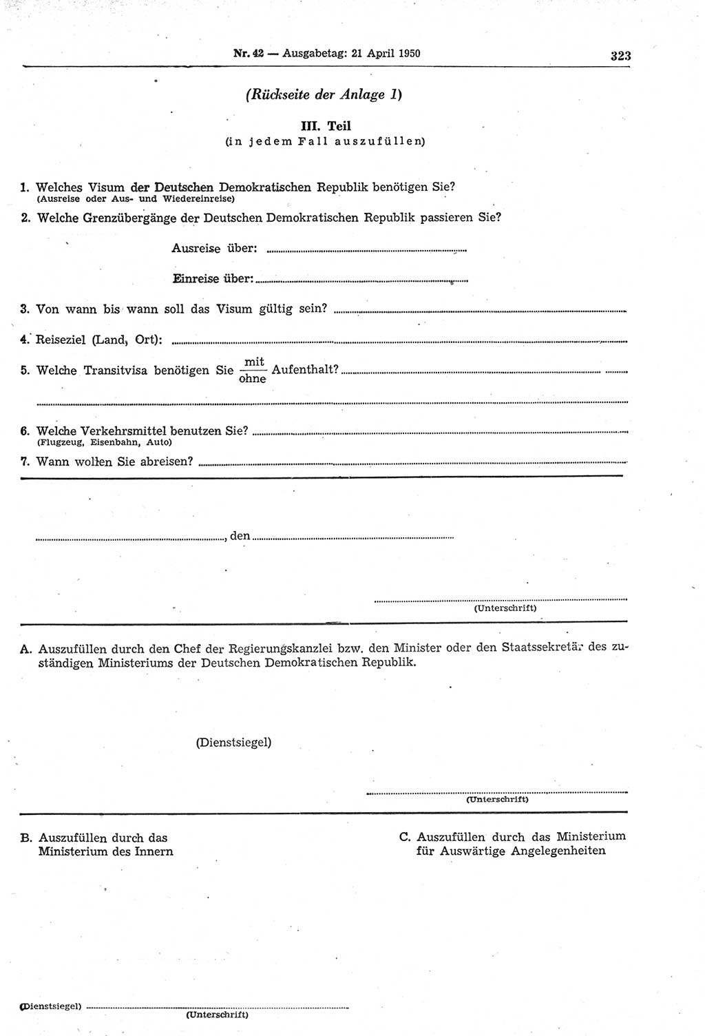 Gesetzblatt (GBl.) der Deutschen Demokratischen Republik (DDR) 1950, Seite 323 (GBl. DDR 1950, S. 323)