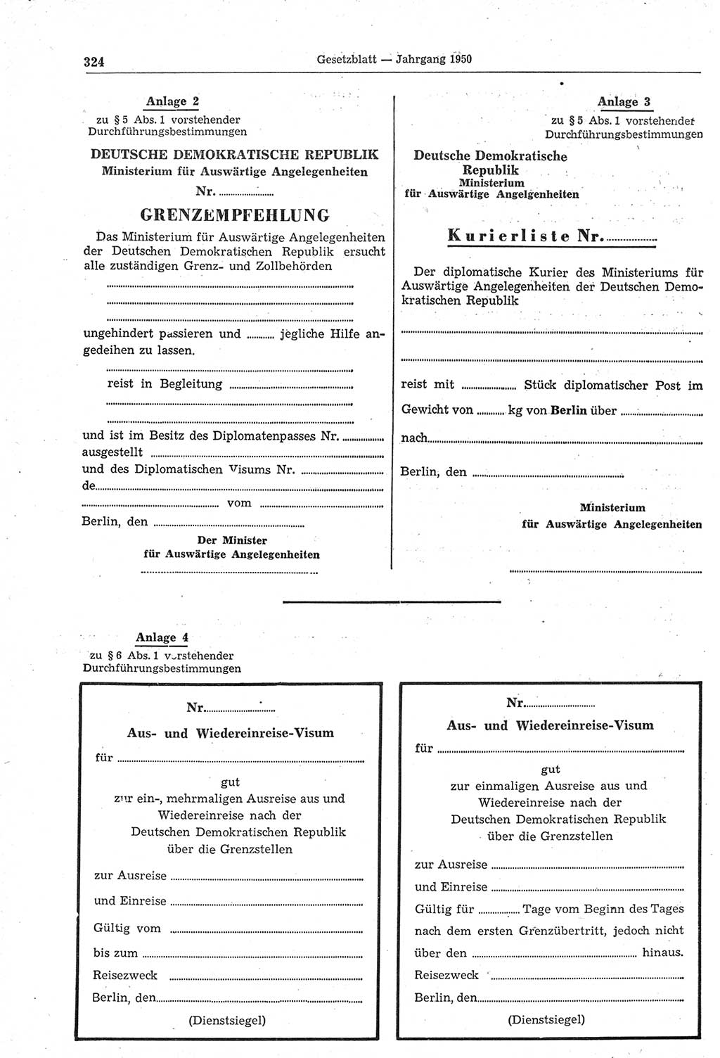 Gesetzblatt (GBl.) der Deutschen Demokratischen Republik (DDR) 1950, Seite 324 (GBl. DDR 1950, S. 324)