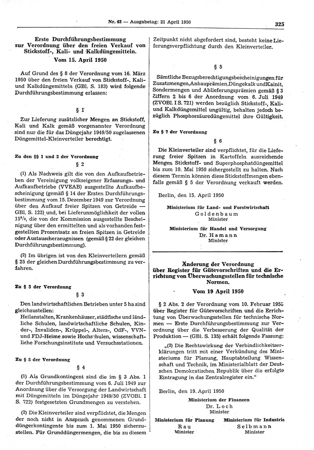 Gesetzblatt (GBl.) der Deutschen Demokratischen Republik (DDR) 1950, Seite 325 (GBl. DDR 1950, S. 325)