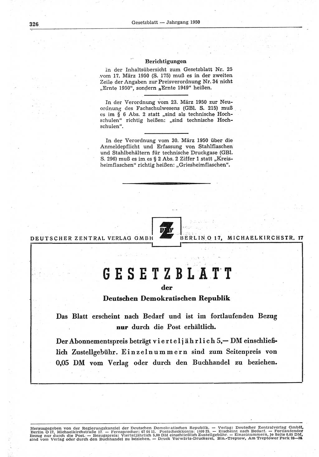 Gesetzblatt (GBl.) der Deutschen Demokratischen Republik (DDR) 1950, Seite 326 (GBl. DDR 1950, S. 326)