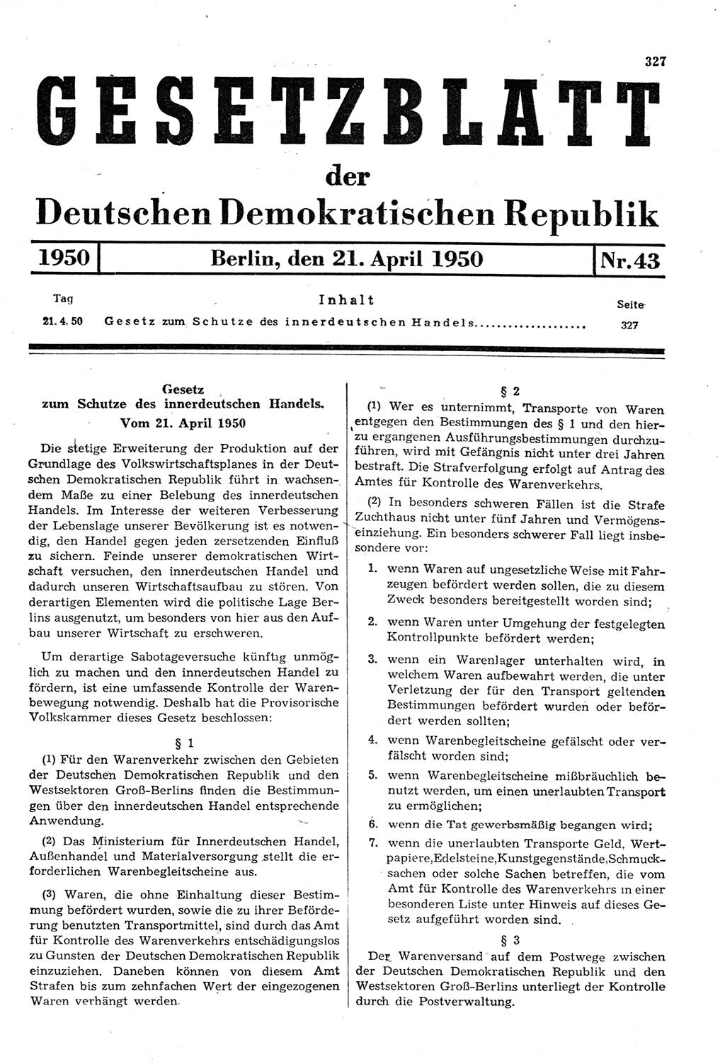 Gesetzblatt (GBl.) der Deutschen Demokratischen Republik (DDR) 1950, Seite 327 (GBl. DDR 1950, S. 327)