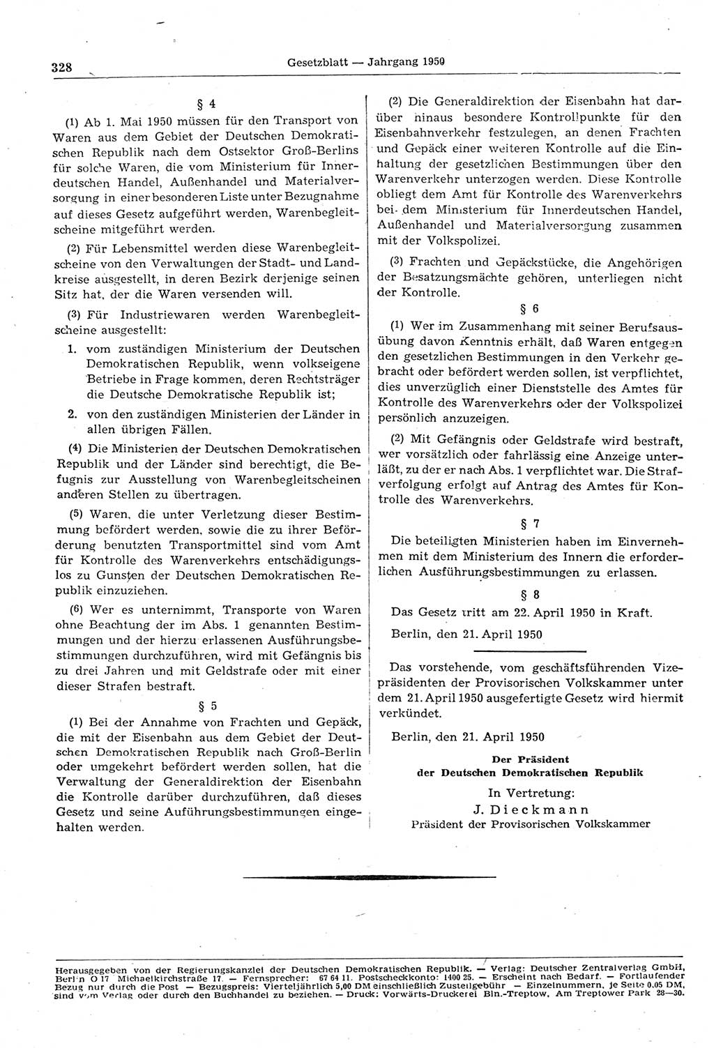 Gesetzblatt (GBl.) der Deutschen Demokratischen Republik (DDR) 1950, Seite 328 (GBl. DDR 1950, S. 328)
