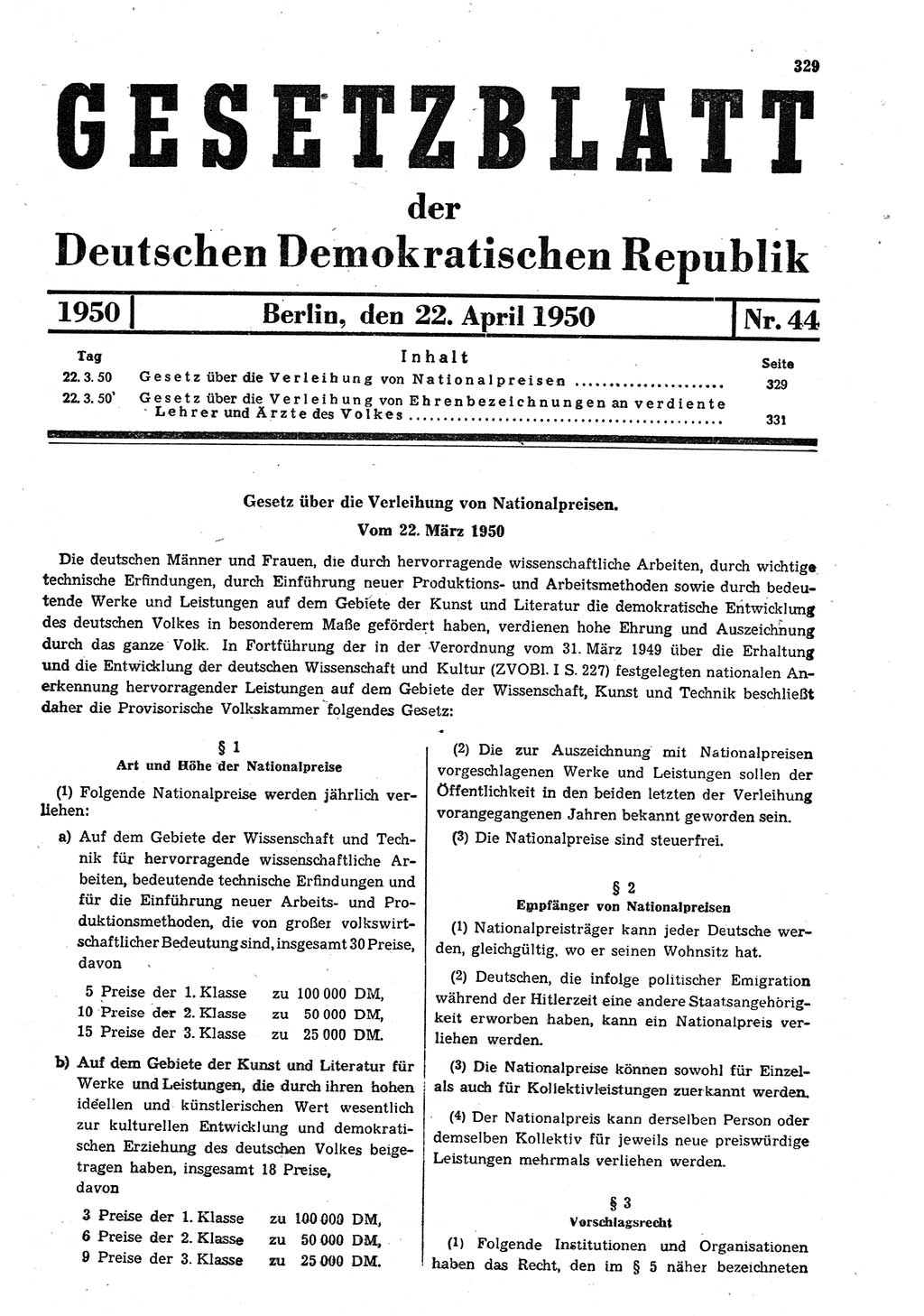 Gesetzblatt (GBl.) der Deutschen Demokratischen Republik (DDR) 1950, Seite 329 (GBl. DDR 1950, S. 329)