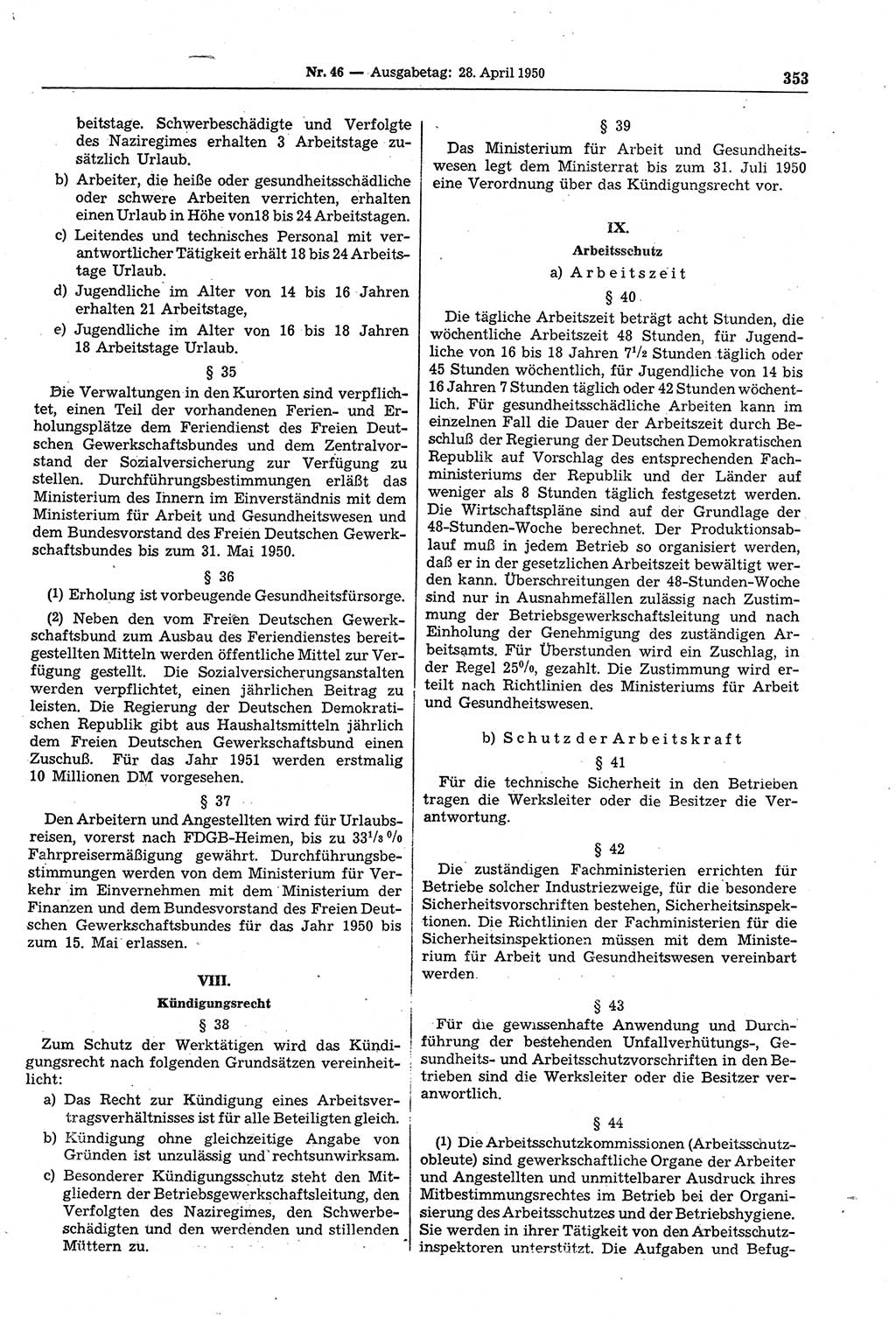 Gesetzblatt (GBl.) der Deutschen Demokratischen Republik (DDR) 1950, Seite 353 (GBl. DDR 1950, S. 353)