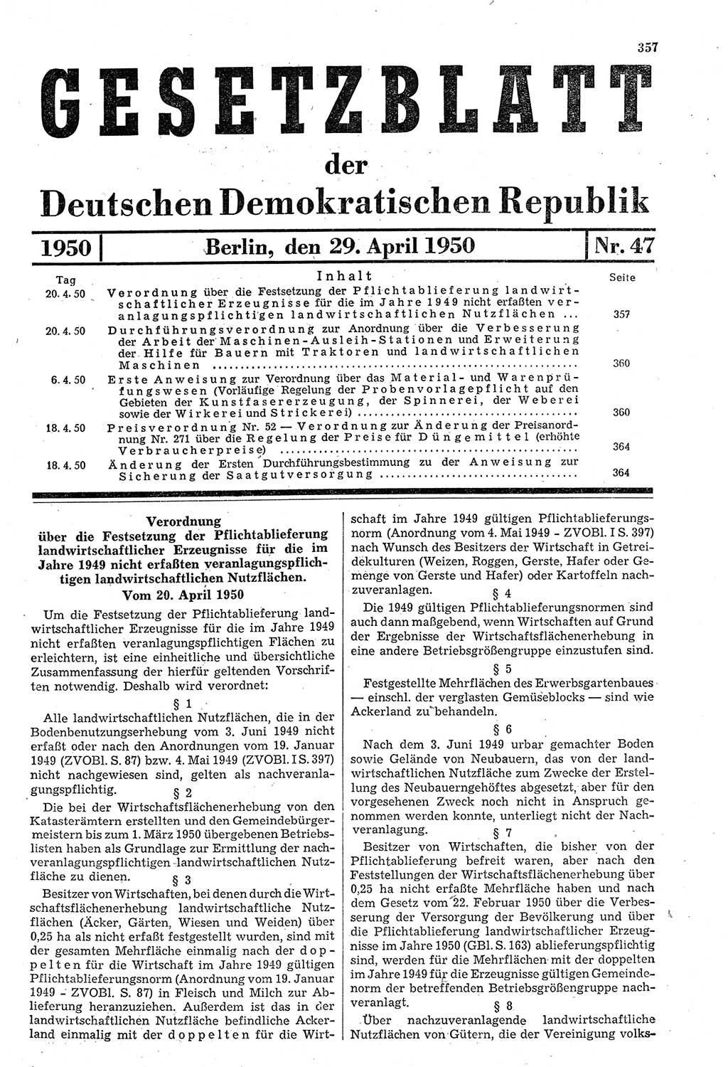 Gesetzblatt (GBl.) der Deutschen Demokratischen Republik (DDR) 1950, Seite 357 (GBl. DDR 1950, S. 357)