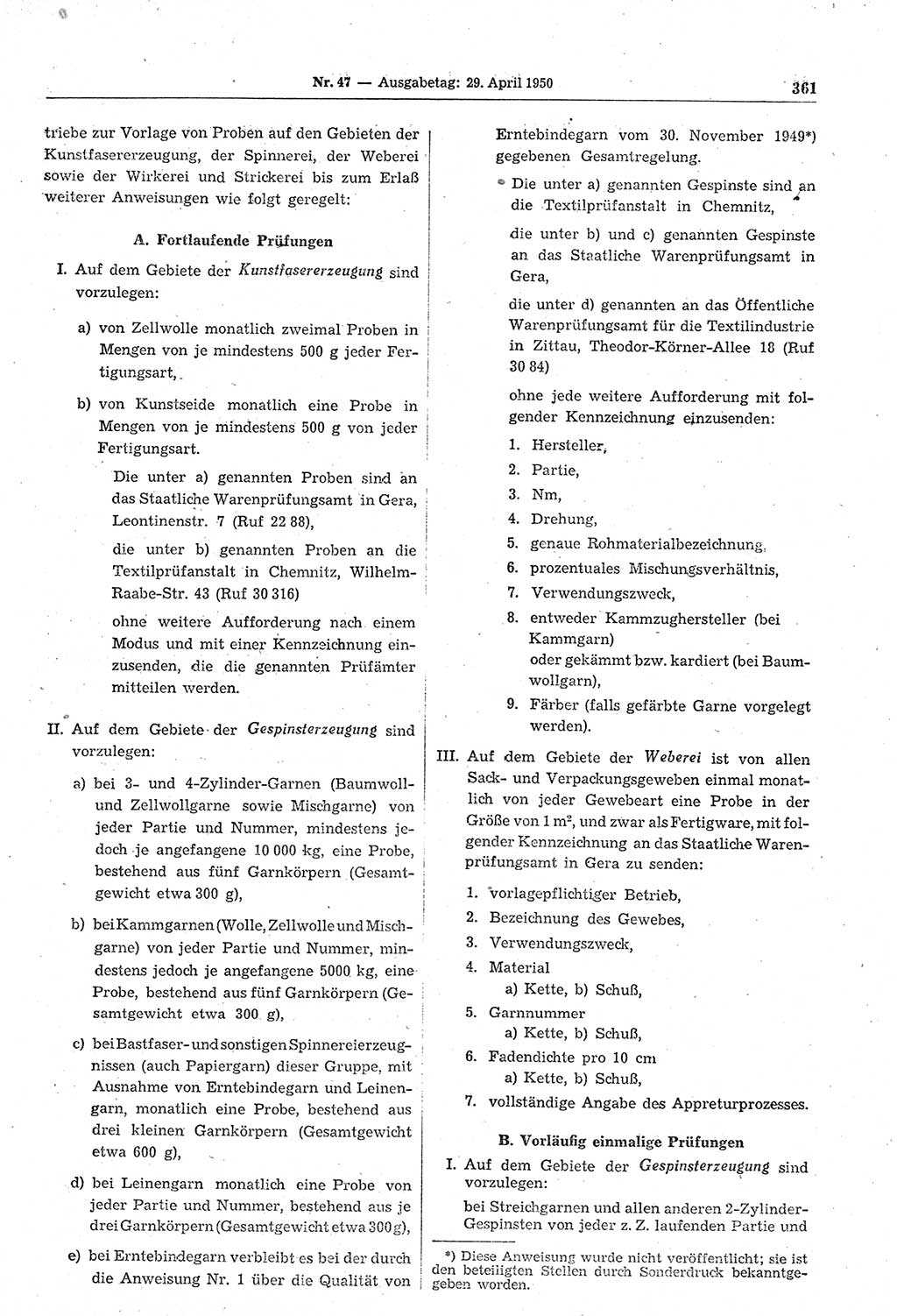 Gesetzblatt (GBl.) der Deutschen Demokratischen Republik (DDR) 1950, Seite 361 (GBl. DDR 1950, S. 361)