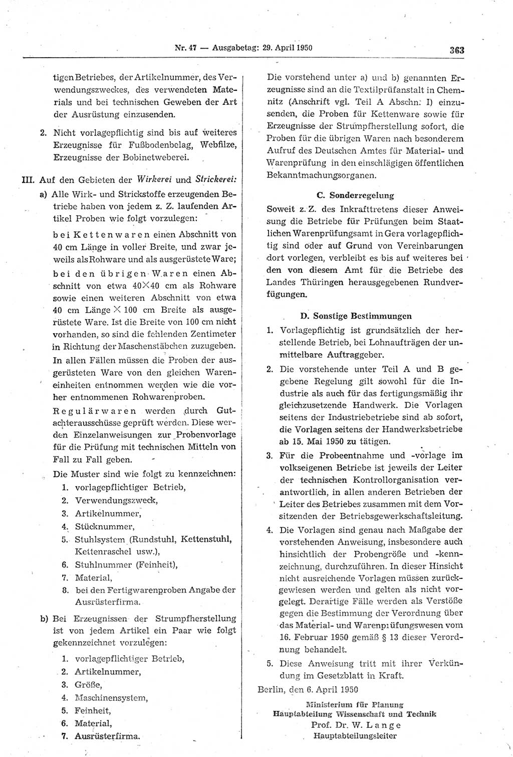 Gesetzblatt (GBl.) der Deutschen Demokratischen Republik (DDR) 1950, Seite 363 (GBl. DDR 1950, S. 363)
