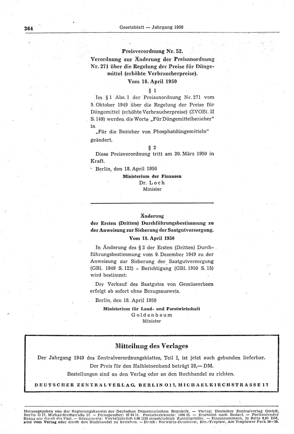 Gesetzblatt (GBl.) der Deutschen Demokratischen Republik (DDR) 1950, Seite 364 (GBl. DDR 1950, S. 364)